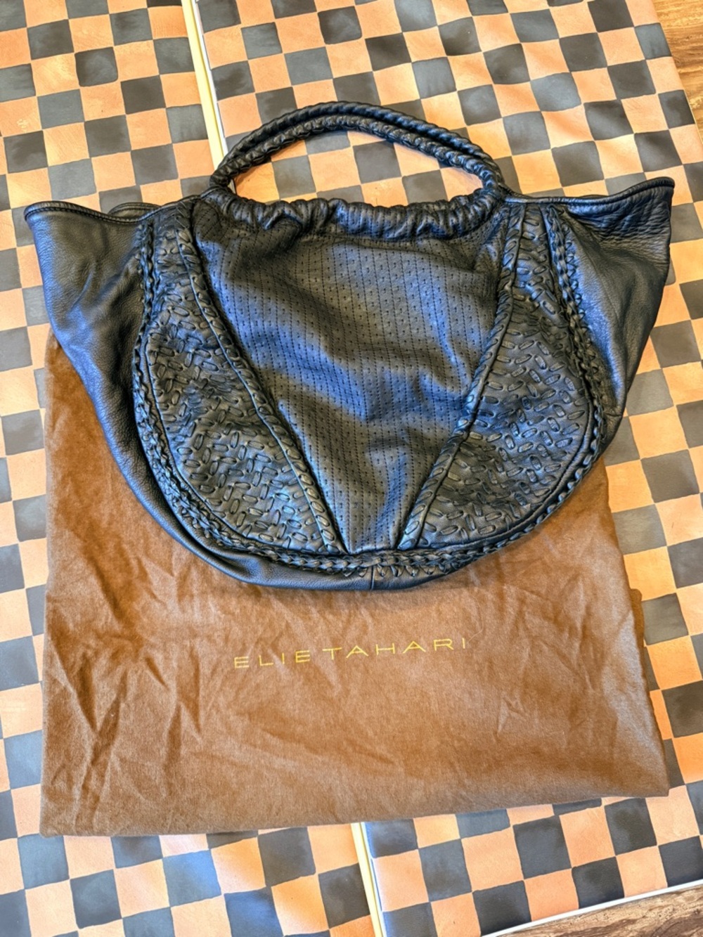 Elie Tahari Black leather Braided-Detail Shoulder Tote